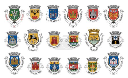 Téléchargez les illustrations : Portugal coat of arms. Portuguese districts heraldic emblems, vector heraldry. Portugal coat of arms of provinces, Portuguese official state symbols with crests, shields and heraldic signs - en licence libre de droit
