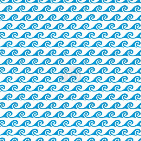 Illustration for Sea and ocean blue waves seamless pattern. Vector marine background, nautical ornament with curly water waves. Abstract marine backdrop for fabric, textile, wrapping paper design - Royalty Free Image