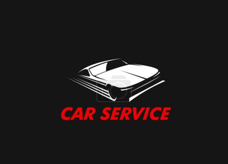 Illustration for Car repair and restoration service icon. Automobile maintenance garage station, vehicle mechanic workshop graphic vector sign, symbol or icon with classic retro car white silhouette - Royalty Free Image