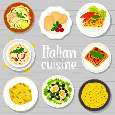 Téléchargez les illustrations : Italian cuisine menu cover, vector creamy polenta, tuna salad with pasta and olives. Vegetable omelette frittata, pasta salad with cream sauce, amaretti cookies and with cheese pie crosstata meals - en licence libre de droit