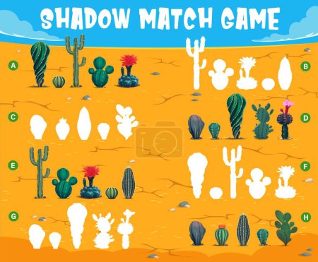 Illustration for Cactuses in mexican desert shadow match game worksheet. Vector puzzle quiz on cartoon background of Mexico nature landscape, succulent plants and sand, find and matching saguaro, opuntia and consolea - Royalty Free Image