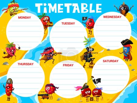 Téléchargez les illustrations : Education timetable schedule. Cartoon berry pirates and corsairs on treasure island. Education planner vector schedule with raspberry, grape, strawberry and other pirate funny characters - en licence libre de droit