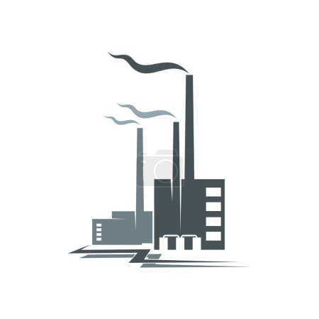 Ilustración de Industrial building, factory or plant icon. Oil or petroleum refinery, power plant, production and manufacturing company monochrome vector icon, sign or symbol with smoke coming from factory pipe - Imagen libre de derechos