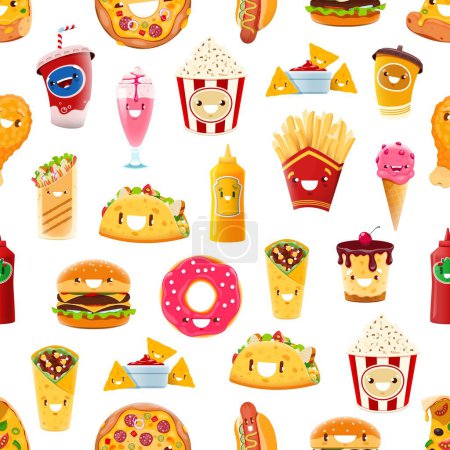 Téléchargez les illustrations : Cartoon fast food characters seamless pattern. Takeaway meals vector background with soda, icecream, popcorn and pizza, french fries, mexican burrito, shawarma and hamburger, mustard funny personages - en licence libre de droit