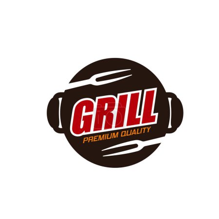 Téléchargez les illustrations : Barbecue grill icon of steak bar and charcoal BBQ restaurant, vector emblem. BBQ symbol of forks on hot pan plate for hot dog sausage fast food bar or meat steak restaurant and barbecue street food - en licence libre de droit
