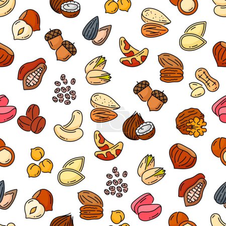 Téléchargez les illustrations : Nuts and beans seamless pattern. Vector thin line background with acorn, cocoa, coconut, coffee and sunflower or pumpkin seeds. Almond, pekan, walnut and brazil or chickpeas, chia and peanut kernels - en licence libre de droit