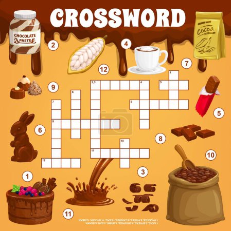 Illustration for Cocoa and chocolate. Crossword grid. Find a word quiz game, crossword puzzle or playing activity vector worksheet with chocolate bar, paste and candies, cacao beans, hot chocolate drink and cake - Royalty Free Image
