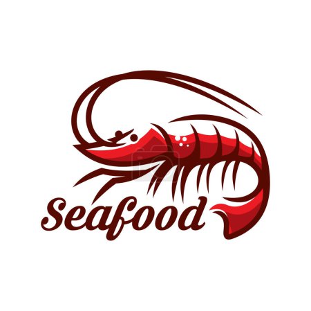 Illustration for Shrimp seafood icon. Fishing company, fresh seafood market emblem or graphic vector symbol. Sea food shop or store, asian cuisine restaurant or bar menu icon or sign with red shrimp and typography - Royalty Free Image