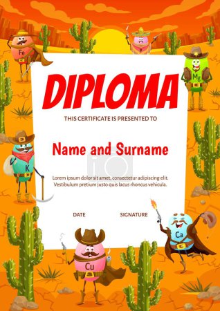Téléchargez les illustrations : Kids diploma wild west cartoon cowboy, sheriff, bandit and robber vitamin characters. Child graduation certificate, education vector diploma with Cu, Mg, Ca and P, Fe, K micronutrient funny personage - en licence libre de droit