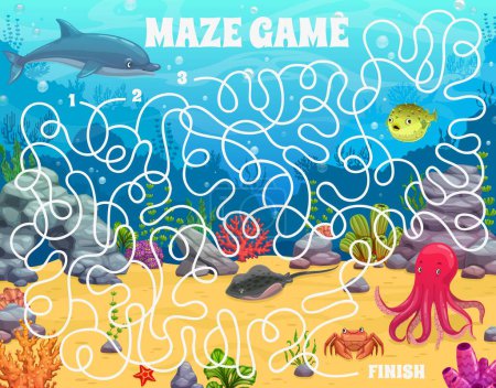 Téléchargez les illustrations : Labyrinth maze cartoon underwater landscape and animals. Kids vector board game worksheet with dolphin, octopus, puffer fish and crab on seafloor with corals and seaweeds. Educational children riddle - en licence libre de droit