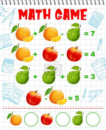 Illustration for Orange, bergamot and peach fruits math game worksheet, education maze. Cartoon vector mathematics riddle for children counting skills development. Addition and subtraction examples for kids - Royalty Free Image