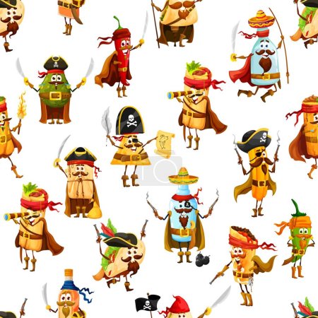 Téléchargez les illustrations : Tex mex mexican pirates and corsairs characters seamless pattern. Fabric or textile vector seamless print with tacos, burritos and tequila, nacho, enchilada and jalapeno filibuster funny personages - en licence libre de droit