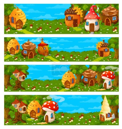 Téléchargez les illustrations : Game level landscape cartoon fairy houses and dwellings. Game level environment vector backgrounds with fairy creature hive, mushroom and snail shell dwellings, hobbit forest house or huts - en licence libre de droit