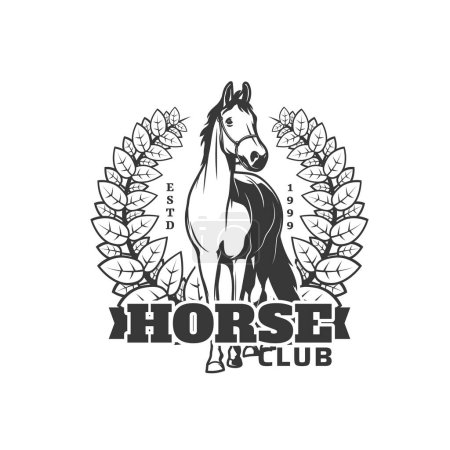 Equestrian sport club icon. Horse ridding competition or derby monochrome vector retro symbol, horseback equestrian hippodrome race vintage emblem with courser or steed horse and laurel wreath