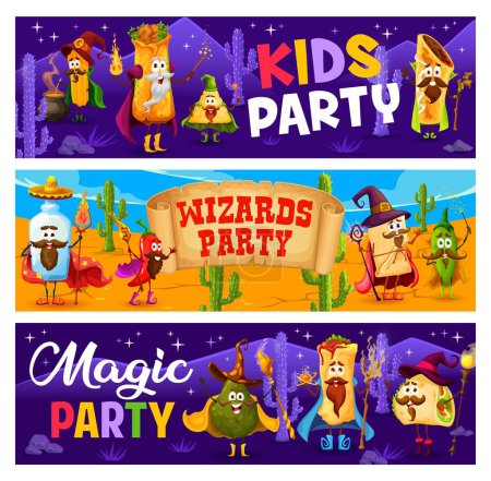 Téléchargez les illustrations : Wizards magic party cartoon tex mex mexican food characters. Vector banners with cute burrito, tacos, churros and avocado, pulque, tequila or enchiladas and nachos mage sorcerer personages - en licence libre de droit