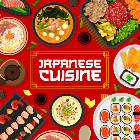 Téléchargez les illustrations : Japanese cuisine menu cover design, Japan dishes and Asian food, vector. Japanese cuisine restaurant menu with sushi, nigiri maki and gunkan, seafood kushiyaki and salmon sashimi with miso soup - en licence libre de droit