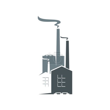 Illustration for Factory building, industrial plant icon. Manufacturing company, power plant or industry production monochrome vector sign or emblem, environment pollution symbol with smoke coming factory from chimney - Royalty Free Image