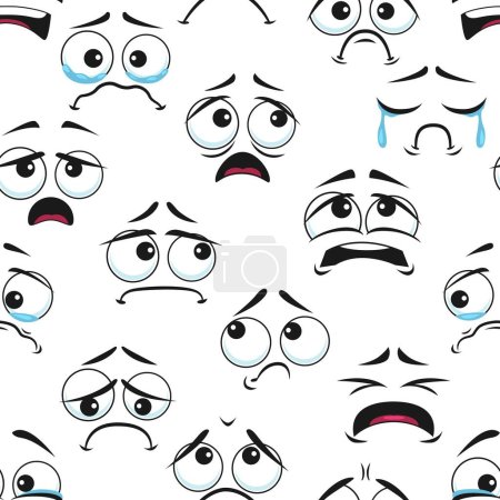 Téléchargez les illustrations : Sad and crying cartoon faces seamless pattern. Vector background with unhappy, anxious, plaintive, deplorable personages emoji. Comic characters tragic facial expression, negative sadness emotions - en licence libre de droit