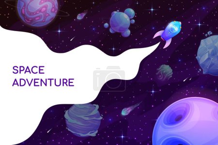 Téléchargez les illustrations : Cartoon space adventure poster. Rocket spaceship in galaxy. Vector design with shuttle explore galaxy with stars, planets, comets. Interstellar expedition in outer space, alien colonization mission - en licence libre de droit