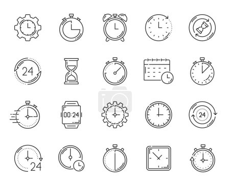 Illustration for Timer clock outline icons. Alarm, stopwatch, calendar timer. Time measuring, management and planning, business productivity outline vector symbols or icons with modern alarm clock, wristwatch - Royalty Free Image
