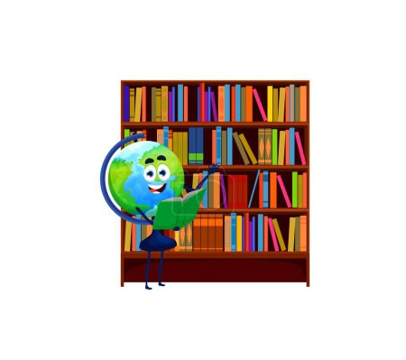 Ilustración de Cartoon globe character with book in library. Back to school and children education, literature learning and book reading isolated vector cute personage, funny globe and library rack shelf - Imagen libre de derechos
