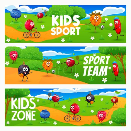 Ilustración de Kids sport zone cartoon cheerful berry characters on sport zone. Vector banners with raspberry, cherry, black currant and cloudberry, blueberry, cranberry and barberry personages fun and activities - Imagen libre de derechos