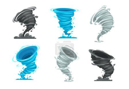 Téléchargez les illustrations : Cartoon tornado storm or cyclone hurricane twister, vector whirlwind or wind funnel. Cartoon tornado swirl or typhoon windstorm, thunderstorm hurricane twist with windy cloud twirl of air vortex - en licence libre de droit