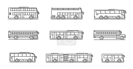 Illustration for City, travel and school bus line icons. Passenger transportation, urban transport outline vector symbols or thin line pictograms with contemporary school, doubledecker and articulated buses - Royalty Free Image