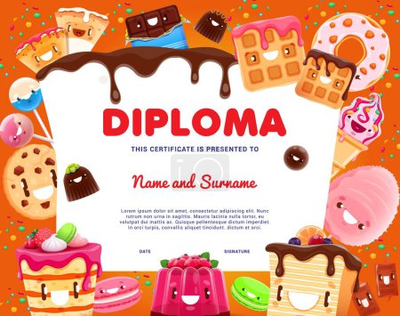 Illustration for Kids diploma cartoon bakery, cookie, cake and pie dessert characters. Vector certificate with kawaii wafer, donut, cookie and candy cotton. Pudding, macaroon, chocolate lollipop, ice cream personages - Royalty Free Image