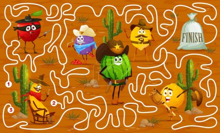 Téléchargez les illustrations : Labyrinth maze game, cartoon fruit cowboy, ranger, sheriff and robber characters, vector quiz game. Apple, banana cowboy and plum ranger to help find way out from labyrinth maze for watermelon sheriff - en licence libre de droit