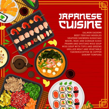 Ilustración de Japanese cuisine menu cover design, Japan food and Asian traditional dishes, vector. Japanese restaurant menu with sushi and salmon sashimi, tofu miso soup and grilled meat with vegetables yakiniku - Imagen libre de derechos
