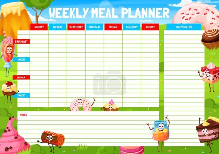Illustration for Weekly meal planner, cartoon candy, pastry and cake characters. Vector printable timetable food template with macaroon, pie, honey and roll, cocktail or cupcake personages. Daily week dieting plan - Royalty Free Image