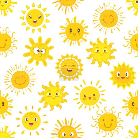 Téléchargez les illustrations : Sun characters seamless pattern. Cartoon cheerful sun personages with smiling, laughing faces, hand drawn rays or beams. Textile or fabric summer print, vector background or wallpaper - en licence libre de droit