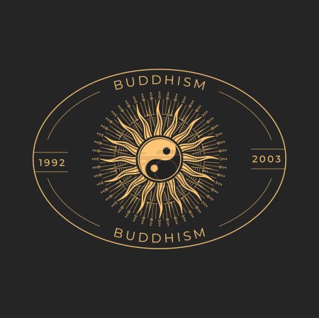 Ilustración de Buddhism religion sacred astrology or magic icon with Yin and Yang symbol and sun. Asian astrology or esoteric icon or tattoo. Buddhism philosophy or zodiac sign, sacred emblem or magic symbol - Imagen libre de derechos
