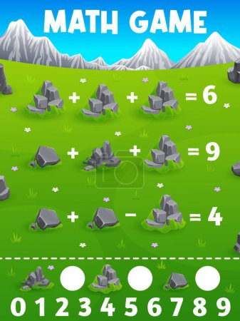 Illustration for Math game worksheet. Stones and rocks on mountain meadow. Kids educational riddle, mathematical puzzle or quiz with addition and subtraction playing activity and cartoon stones on alpine meadow grass - Royalty Free Image
