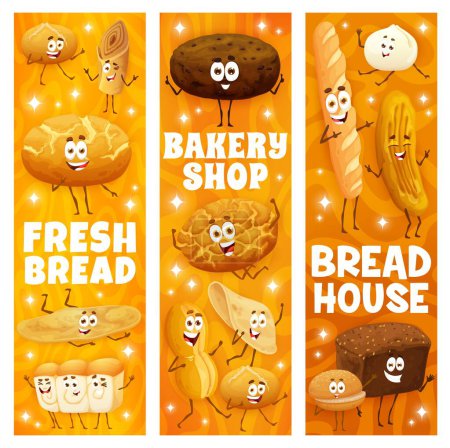 Illustration for Bakery shop. Cartoon bakery, pastry and bread characters banners, vertical vector background with broa, barmbrack, tiger bread, cunape and burger bun, baguette, mantou, shokupan cute personages - Royalty Free Image