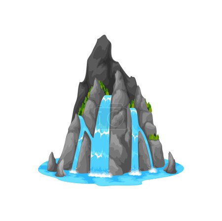 Téléchargez les illustrations : Cartoon waterfall and water cascade. Mountain river, rainforest water spring or stream vector game object, isolated waterfall cascade in rocks, falling from stones clean aqua landscape - en licence libre de droit