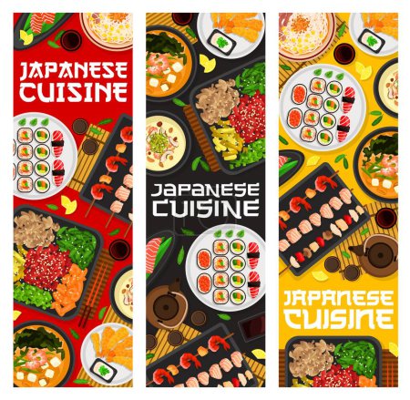 Illustration for Japanese cuisine meals banners, Japan food and Asian dishes, vector restaurant menu. Japanese food dinner and lunch of miso soup, sushi and seafood kushiyaki and salmon sashimi and shrimp tempura - Royalty Free Image