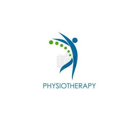 Ilustración de Physiotherapy icon. Spine, back pain, body health, chiropractic massage and therapy vector symbol with abstract figure of human body. Health care and medicine sign of physical therapy - Imagen libre de derechos
