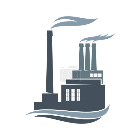 Illustration for Factory or plant with smoke come out of chimney icon. Industrial manufacturing and production, power plant or chemical factory vector monochrome symbol or sign with refinery building smoking pipe - Royalty Free Image