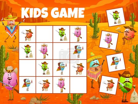 Ilustración de Sudoku game worksheet, cartoon vitamins. Help the sheriff and cowboy catch the bandits. Vector riddle with nutrient pill characters on chequered board. Educational task, children crossword teaser - Imagen libre de derechos