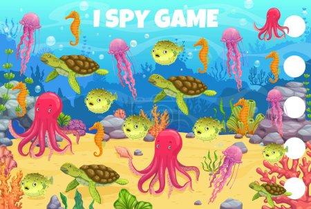 Téléchargez les illustrations : I spy game cartoon underwater landscape and animals. Kids vector worksheet riddle, educational math puzzle for preschool children with octopus, sea horse, jellyfish, turtle and puffer fish in ocean - en licence libre de droit
