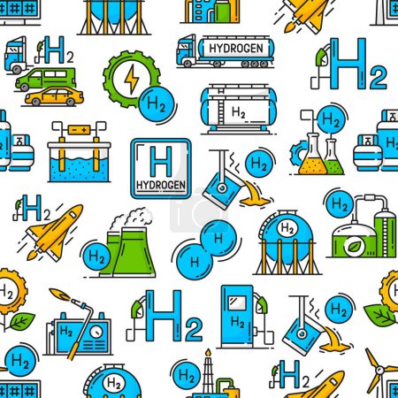 Illustration for Hydrogen industrial seamless pattern, H2 green energy and eco power technology, vector background. Hydrogen in fuel industry, power plant or H2 production factory and renewable energy sources pattern - Royalty Free Image