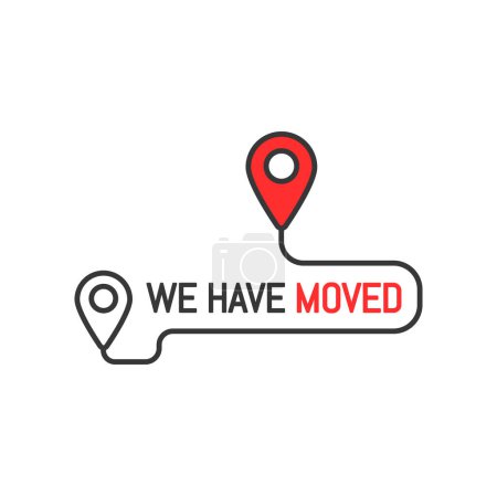 Téléchargez les illustrations : We have moved thin line sign or icon. Move announcement, local shop address change vector minimal symbol, business relocate message or outline icon with red and black map navigation pinpoint sign - en licence libre de droit