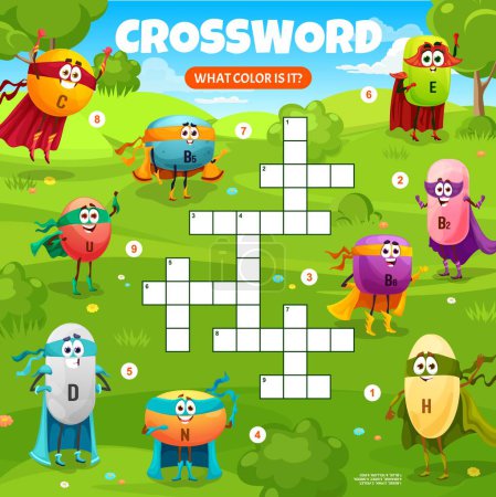 Illustration for Crossword quiz game grid. Cartoon superhero micronutrient vitamin characters on meadow. Word search riddle, crossword grid vector worksheet with C, B, E and U, D, N micronutrient cute hero personages - Royalty Free Image