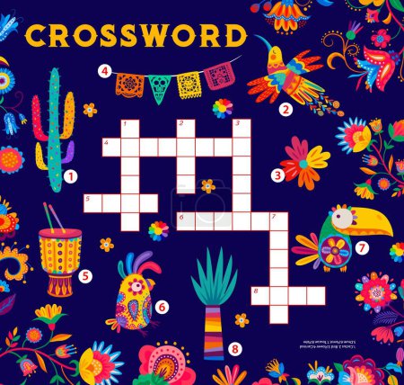 Illustration for Latin American crossword quiz. Word search puzzle, crossword grid vector puzzle worksheet or vocabulary game with Mexican colorful toucan, parrot and hummingbird birds, ornate flowers and drum - Royalty Free Image