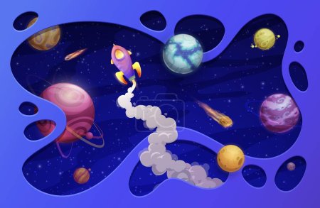 Téléchargez les illustrations : Cartoon space paper cut rocket, starry galaxy and planets. Vector 3d landscape with spaceship in universe and papercut frame. Shuttle futuristic cosmic travel in galaxy, alien worlds exploration - en licence libre de droit