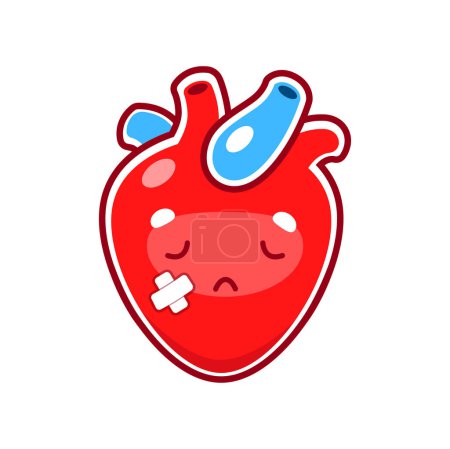 Illustration for Cartoon unhappy sick heart character. Medical diagnosis, human body disease, physiology and health problem concept. Human circular system internal organ damage or injury, heart attack vector personage - Royalty Free Image