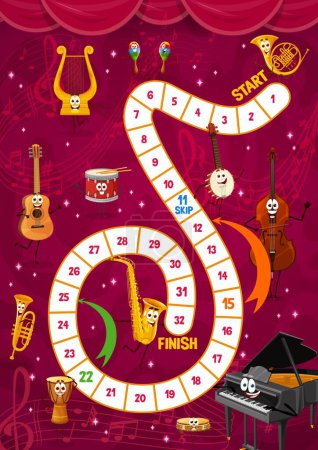 Téléchargez les illustrations : Kids board game cartoon musical instrument character. Vector step boardgame with block path, numbers, start, finish and grand piano, guitar, saxophone and jembe drum. Double bass, banjo, harp and horn - en licence libre de droit