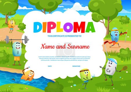 Téléchargez les illustrations : Kids diploma. Cartoon micronutrient sportsman characters. Child graduation award, school education vector diploma with Se, P, K and Ca, Cl swimming, running and playing ball vitamins cute personages - en licence libre de droit